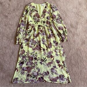 Fourteenth Place Floral Tiered Long Sleeve Maxi Dress Neon Green and Purple